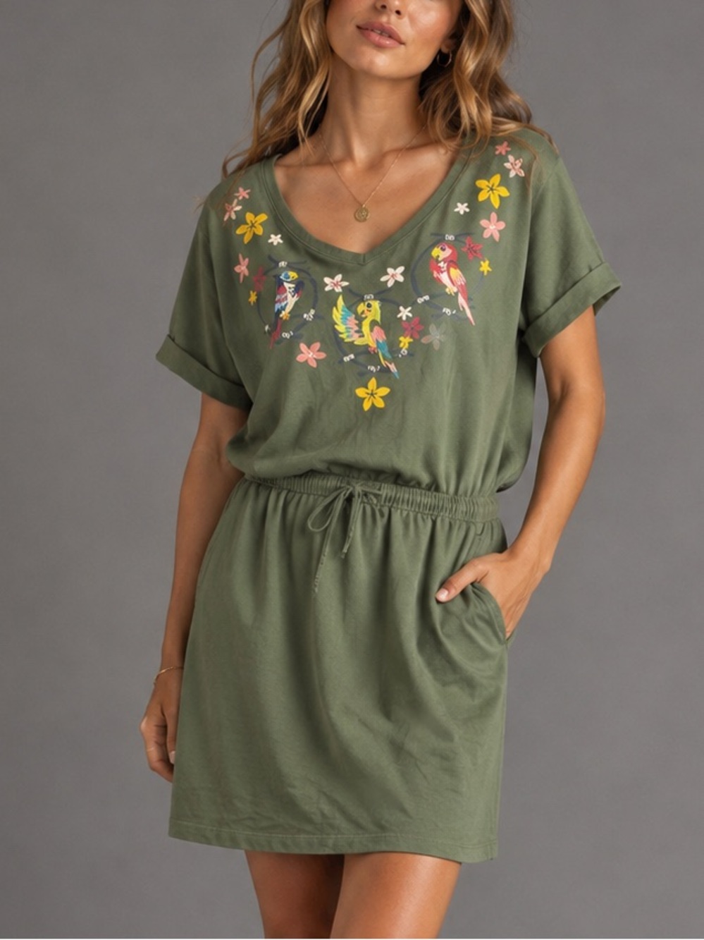 Disney Parks The Enchanted Tiki Room Green Parrot Embroidered Mini Dress Sz XS